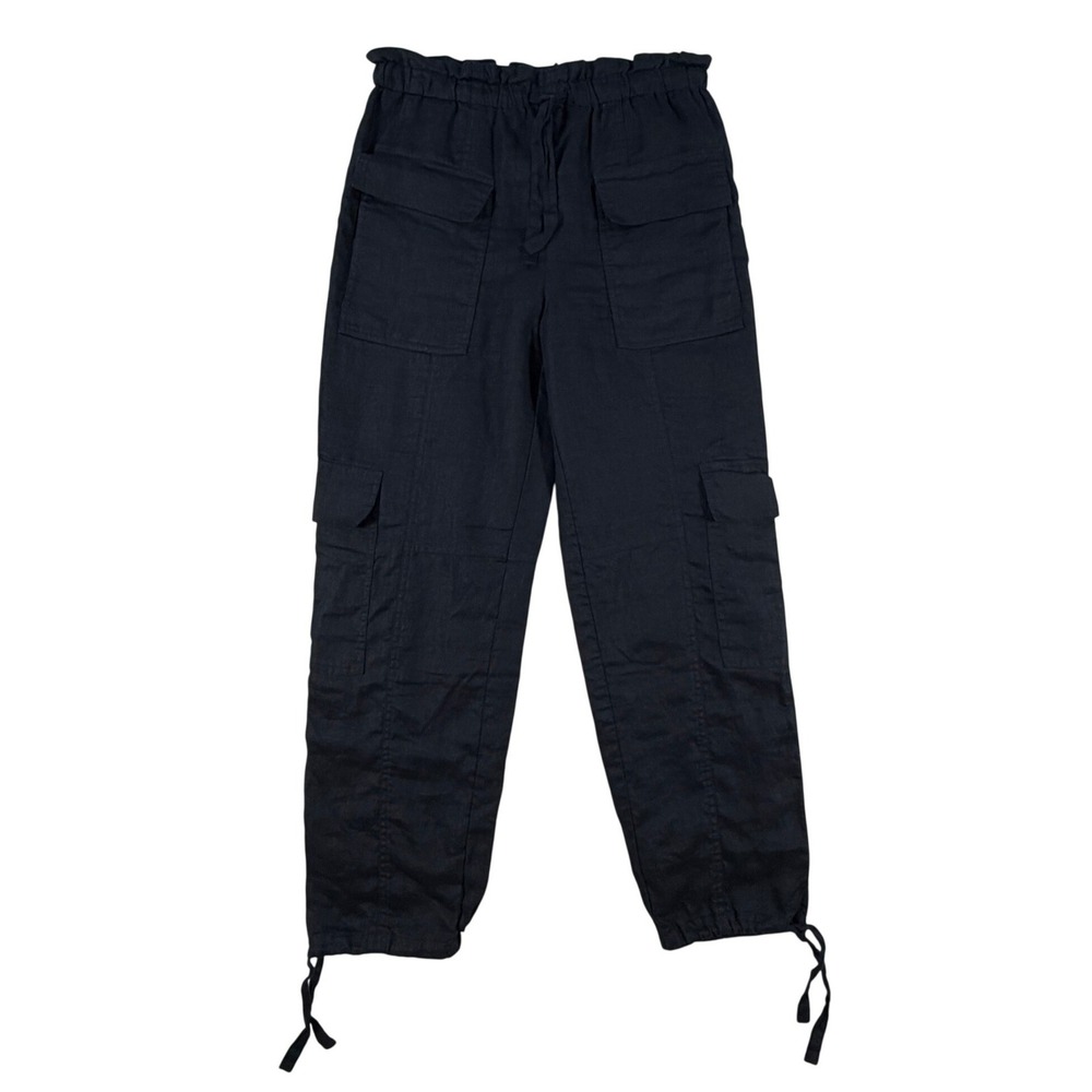 Magaschoni Womens Small 100% Linen‎ Cargo Pants Black Paperbag Waist Tie Cuff